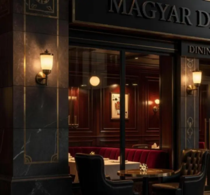 Elegáns fekete–arany éttermi tér és pókerasztalok a Magyar Dining Experience-ben