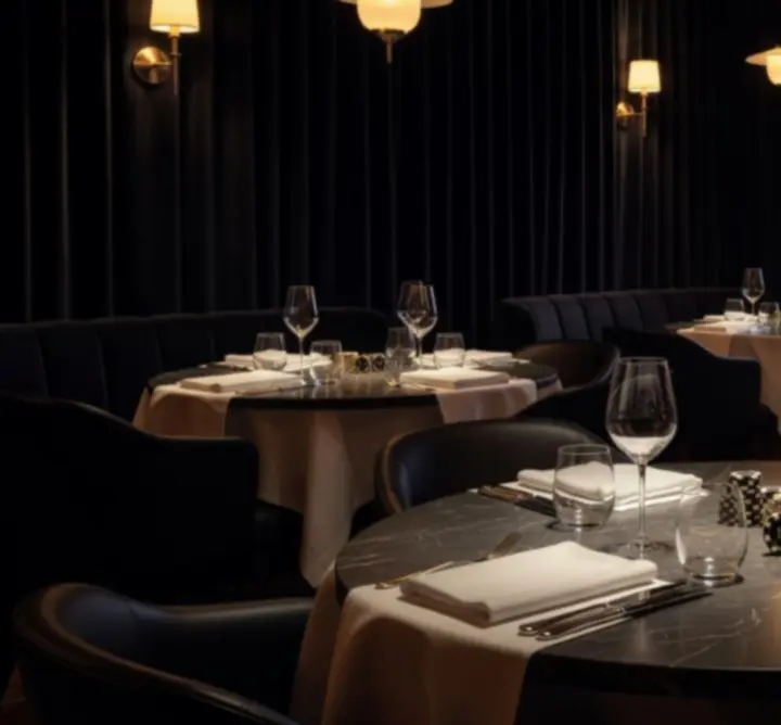 Elegáns, fekete-arany hangulatú éttermi enteriőr pokerasztallal a Magyar Dining Experience-ben.